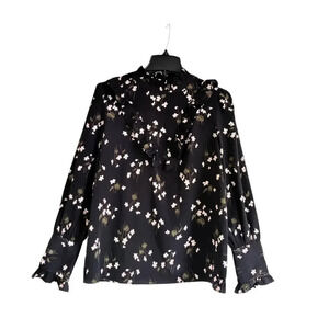 Ann Taylor Floral Black High Ruffle Neck Blouse Long Sleeve Size S Career Ditzy
